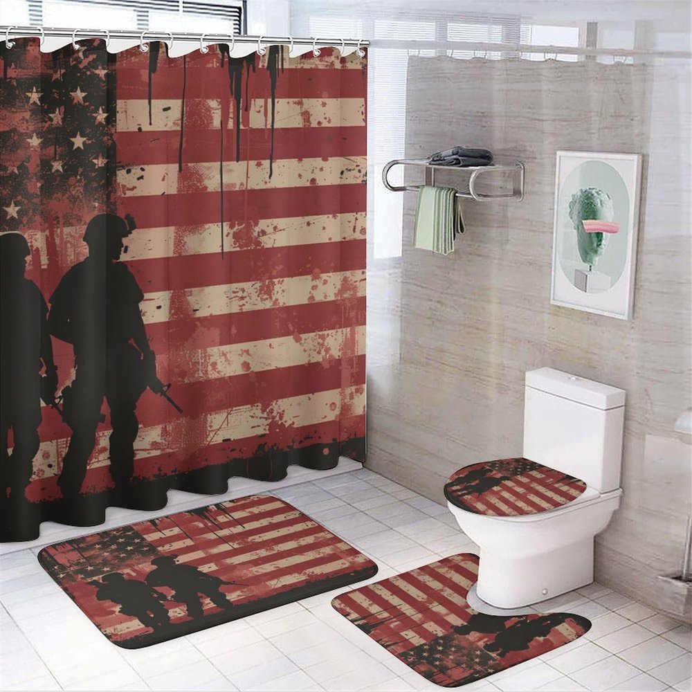 Brebasf Modern American Flag Shower Curtain Abstract Painting Art US Army Soldier Warrior Silhouette Suitable for Bathroom Decoration