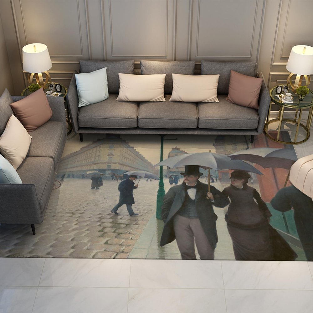 Gustave Caillebotte Large Area Rug for Bedroom Living Room Kitchen,Paris Street Rainy Day Non-Slip Low Pile Laundry Room Thin Carpet 2x4ft