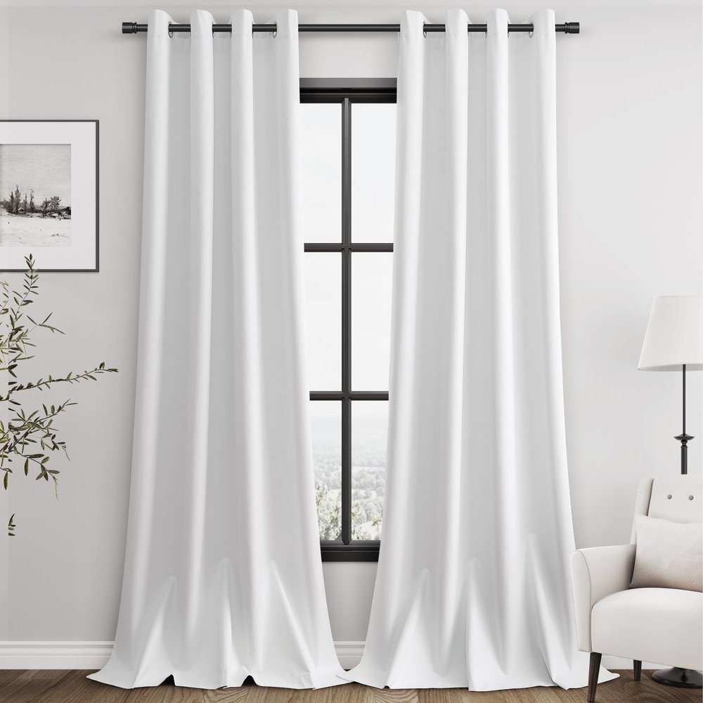 White Linen 100% Blackout Curtains 108 inches Long for Living Room Grommet Pure White Black Out Bedroom Curtain Drapes Sound Dampening Modern Elegant Cotton Textured Room Darkening 108 Length 9 Ft
