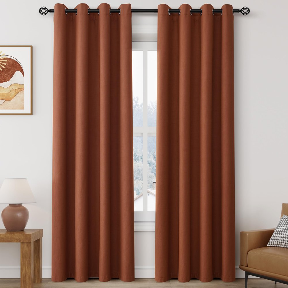 Grommet Terracotta 100% Blackout Linen Curtains 84 inches Long for Bedroom Full Light Blocking Thermal Insulated Black Out Curtain Panels 84 Inch Length Energy Saving Room Darkening White Backing