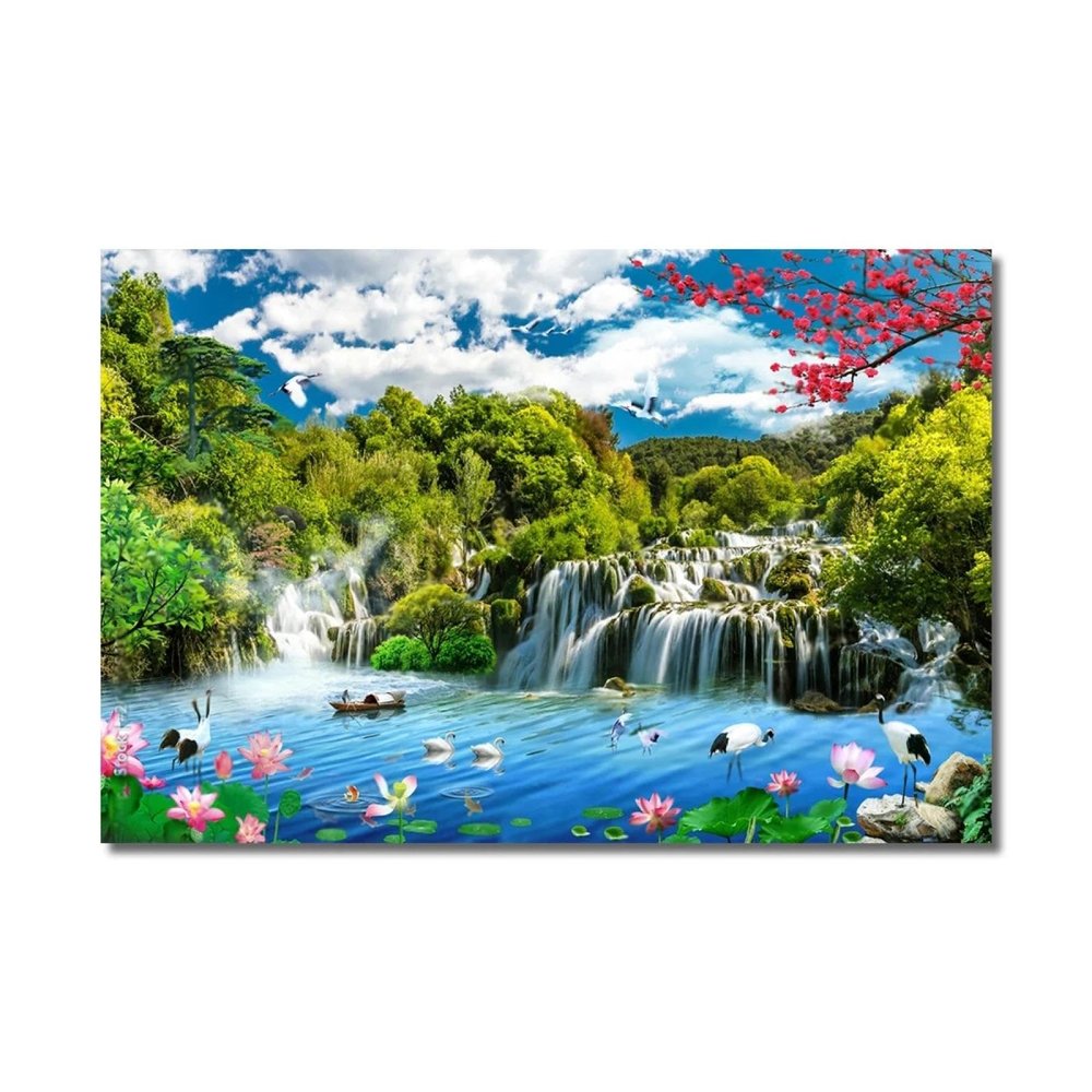 LKXGRRSFG Panoramic Landscape Painting Feng Shui Nature Swan Crane Waterfall Canvas Print Wall Art Modern Artwork Large Living Room Home Decor 40x60cm Frameless, Unframed