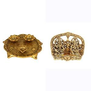 Hulara Wonder Care Golden Color Plated Laxmi Ganesha Idol with Platter Diya Plate for Puja. Ideal for mandir Decorations, Home or Office Diwali and Festival Celebrations, and as Return Gifts