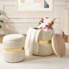 2BYF Round Ottoman with Storage Set of 2 Upholstered Velvet Vanity Stool for Living Room Storage Ottomans Multifunctional Foot Rest (White with Middle Gold) view 1