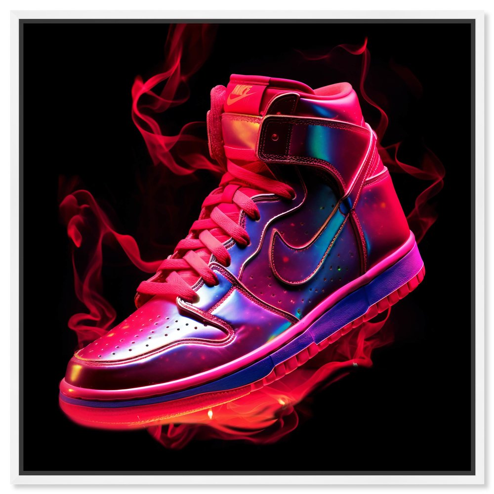 Notoriart Flaming Hot Sneaker Framed Sneaker 1 Piece Canvas Wall Art, 17" x 17", White Frame