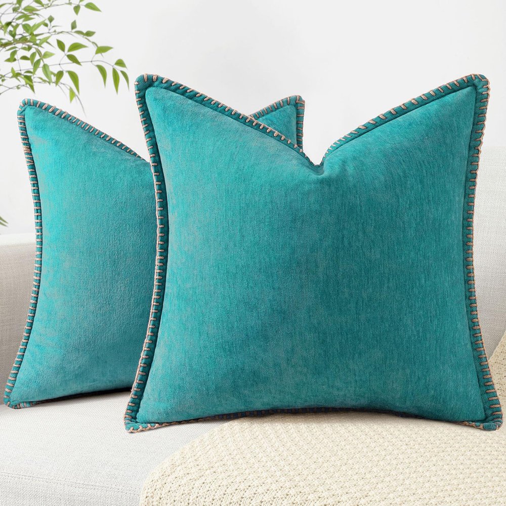 decorUhome Spring Chenille Soft Cozy Throw Pillow Covers 16x16 Set of 2, Modern Farmhouse Boho Velvet Decorative Pillow Cases with Stitched Edge for Couch Sofa Bed Home Decor, Turquoise