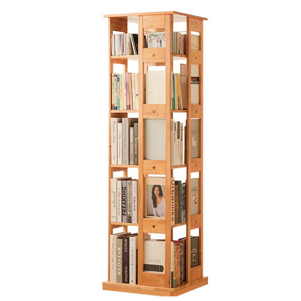 Multi-Layer Rotating Bookshelf, Wooden 360 Invisible Universal Wheel Rotating Bookcase, Movable Open Independent Storage Storage Rack, Suitable for Bedroom, Living Room(Wood,5 Layers)