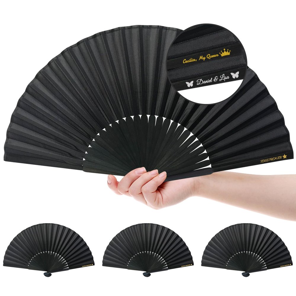 280 Packs Custom Handheld Folding Fans Printed in Gold Ink Women Personalized Black Hand Fans Bulk for Guests Church Wedding Party Favors Vintage Fabric bamboo Foldable fan Gift Cosplay Dancing Props