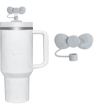 1Pc Grey Straw Cover, Cute Bow Covers Cap Toppers for Stanley Cup,10mm Silicone Fits For Stanley 30&40 Oz Tumbler, Kids Themed Party Decoration, Drinking Straw Dispensers (JLY035)