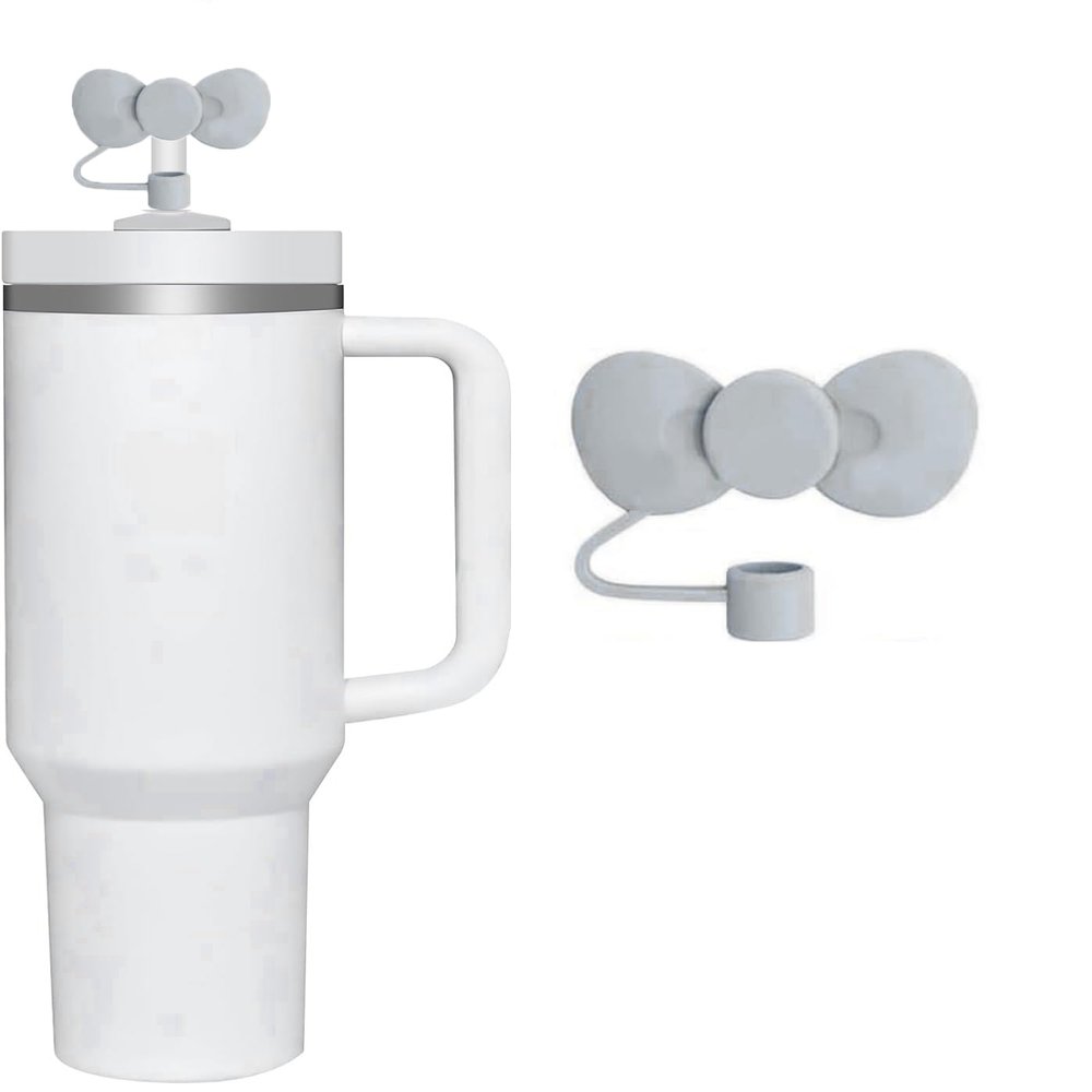 1Pc Grey Straw Cover, Cute Bow Covers Cap Toppers for Stanley Cup,10mm Silicone Fits For Stanley 30&40 Oz Tumbler, Kids Themed Party Decoration, Drinking Straw Dispensers (JLY035)