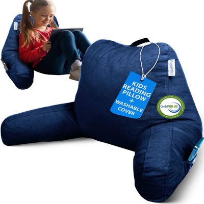 ComfortSpa Reading Pillow for Kids Teens Adult, Back Rest Pillow with Arms, Pockets, Washable Cover; Use as Back Pillow for Bed Sitting Up for Bedrest, Relief from GERD Heartburn (Standard Blue)