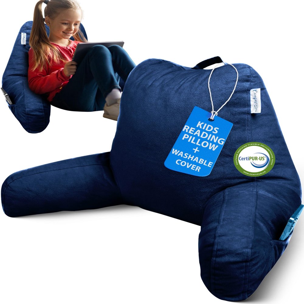 ComfortSpa Reading Pillow for Kids Teens Adult, Back Rest Pillow with Arms, Pockets, Washable Cover; Use as Back Pillow for Bed Sitting Up for Bedrest, Relief from GERD Heartburn (Standard Blue)