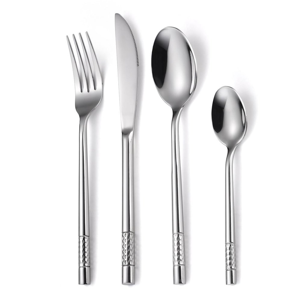 IFAJOOR Flatware Silverware Set, 4/16/24/32/40/48 Pieces Thick Stainless Steel Hammer Point Round Handle Cutlery Set Steak Knife, Fork And Spoon, Tableware Cutlery Set(Silver,1Set-4Pcs)