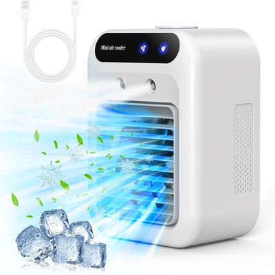 Portable air conditioner, mini USB fan, air cooler, air humidifier, 2-speed fan, two atomization modes for home, office, and outdoor use.