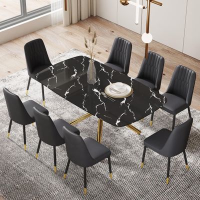 Glass Dining Table Set for 8, 71 Modern Dining Room Table and Upholstered Black Dining Chairs, Faux Marble Dining Table Top with Golden Metal Legs, Rectangular dinner table set for kitchen.
