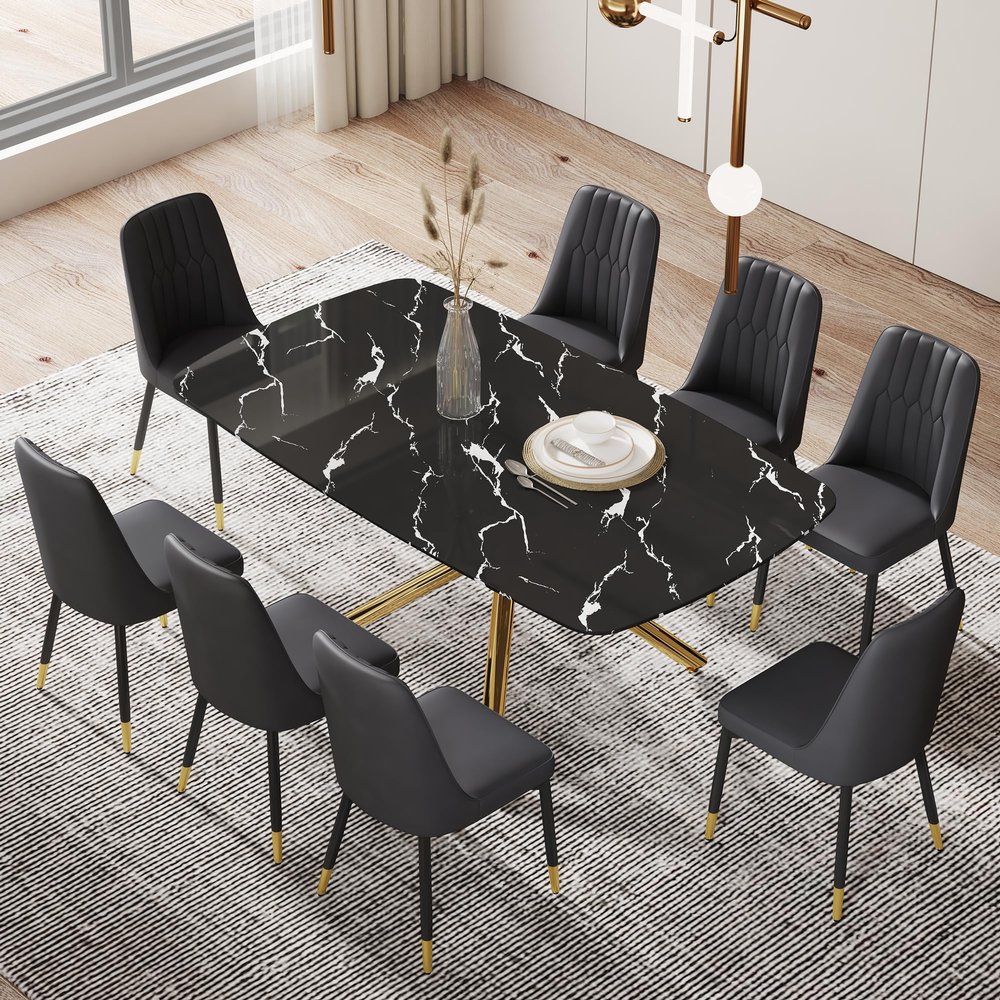 Glass Dining Table Set for 8, 71 Modern Dining Room Table and Upholstered Black Dining Chairs, Faux Marble Dining Table Top with Golden Metal Legs, Rectangular dinner table set for kitchen.