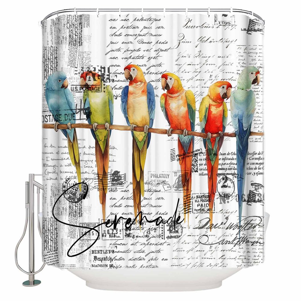 Parrots Shower Curtain Set with Hook 48" x 72",Washable Cloth Polyester Fabric Shower+Curtain,Waterproof Bath Curtains for Bathroom,Showers,Bathtubs Bird Tropical Colorful Animal Retro Newspaper