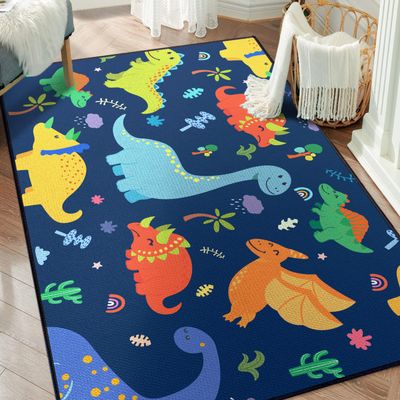 Isyorefam Cute Cartoon Dinosaur Rug for Bedroom 59"x39" Bedroom Playroom Decor for Kids Lovely Dinosaur Animal Pattern Carpet Blue Rug Non-Slip Washable