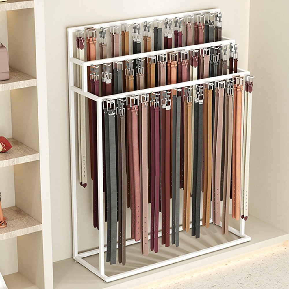 Organizer Holder Household Belt Storage RackFloor Mounted Belt Hanger, Metal Belt Display Stand Men Closet Display Stand Organizer, Ties Scarf Rack Shawls Shelf for Clothing Retail(White,100x40x150cm