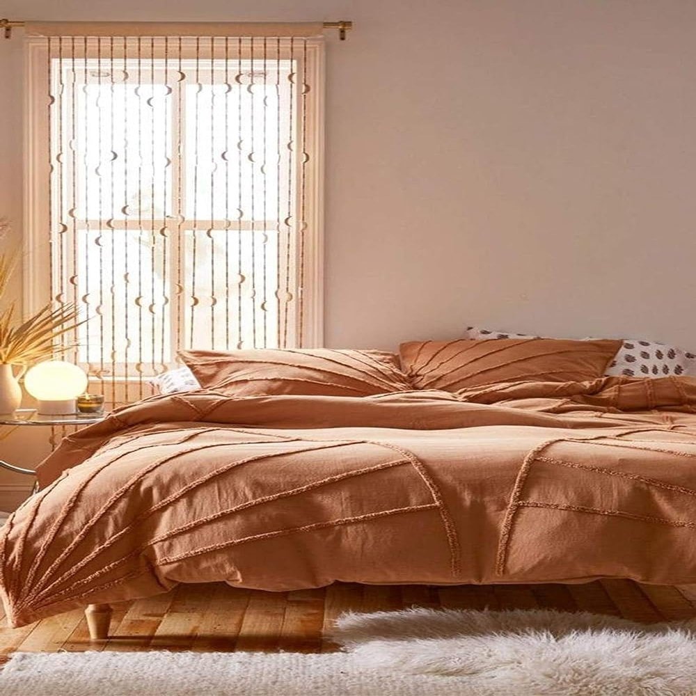 HandloomBazzar 100% Cotton Hand Tufted Textured Duvet Cover Boho Bedding Comforter Cover Set of 3 Pieces with Corner Ties & Zip Closures (Terracotta (Design 1), Over Size 120" x 120")