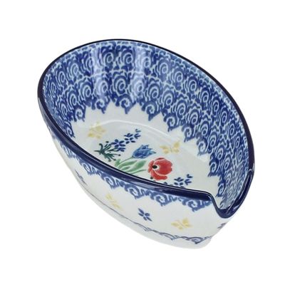 Blue Rose Polish Pottery - Blue Memory Garden Small Spoon Rest - 5" x 3.75" - Heat-Resistant Decorative Spoon Holder for Cooking