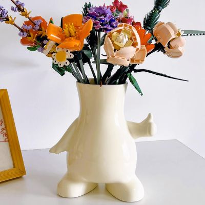 8 Inch Ceramic Vase for Building Block Flower Bouquet, Cute Thumbs Up Body Shape Vase for Lego-Compatible Flowers, Unique Desk Decor for Office & Home, Funky Gift for Women Men (Beige)