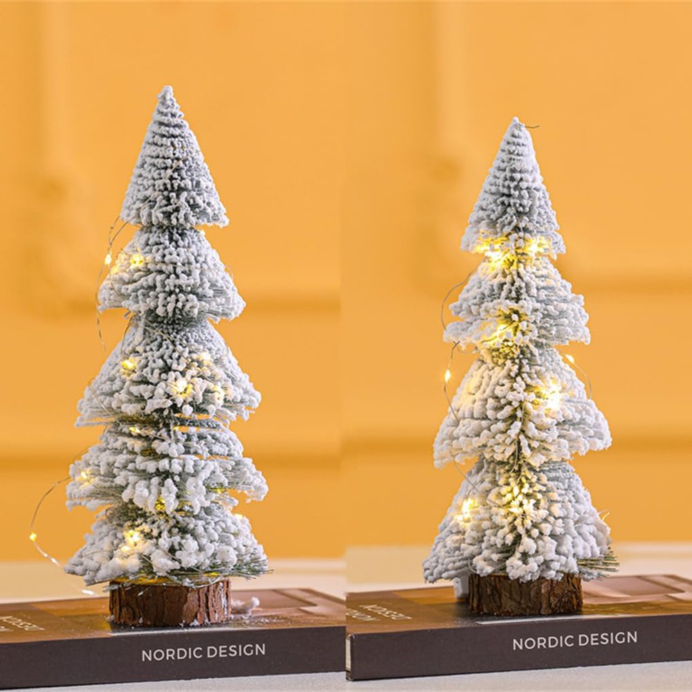 2pcs Artificial Mini Christmas Tree with LED String Light Christmas Decoration Ornaments Tabletop Wooden Base Small Pine Tree for Home Office Desktop Decor Winter Holiday Xmas Party Favors