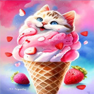 Cat Ice Cream Art Canvas Print Textured Poster - Framed Decorative Artwork for Home Bedroom Room Classroom Wall Decor, Gift for Adults (12x18Inch, Framed)