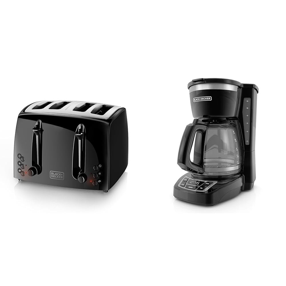 BLACK+DECKER 4-Slice Extra-Wide Toaster with 7 Shade Settings & 12-Cup Programmable Coffee Maker with Sneak-A-Cup