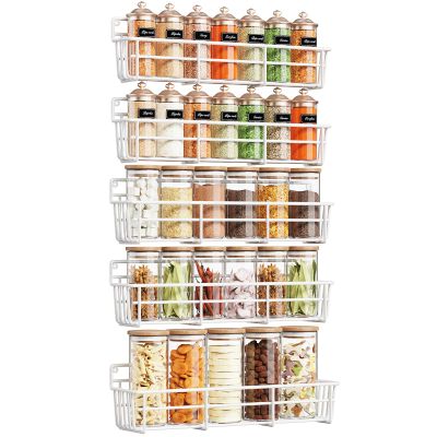 Mystozer 5 Pack Spice Rack Seasoning Organizer Wall Mount, Screw or Adhesive Hanging Shelf Basket Spice Organizer Shelf for Kitchen, White