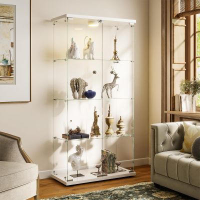 HAMBING Glass Display Cabinet with LED Lights and Lock, 4-Shelf Tempered Glass Curio Cabinet with 2 Doors, Collectible Display Showcase for Living Room, Bedroom  White