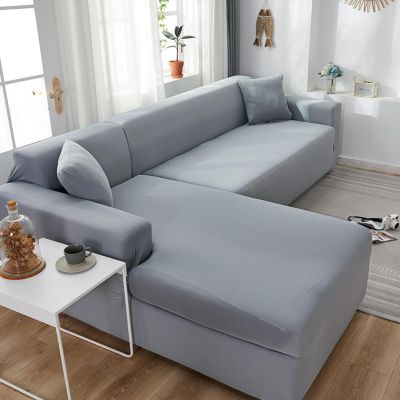 RIWIKIIA L Shape Stretch Sectional Sofa Covers for 1 2 3 4 Seater, High Stretch Velvet Couch Cover with Elastic Bottom, Solid Color Sofa Slipcover Furniture Protector for Living Room, Light Gray