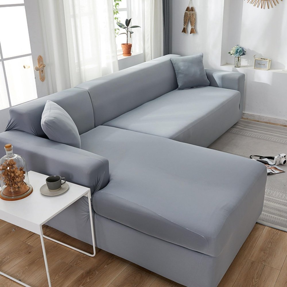 RIWIKIIA L Shape Stretch Sectional Sofa Covers for 1 2 3 4 Seater, High Stretch Velvet Couch Cover with Elastic Bottom, Solid Color Sofa Slipcover Furniture Protector for Living Room, Light Gray
