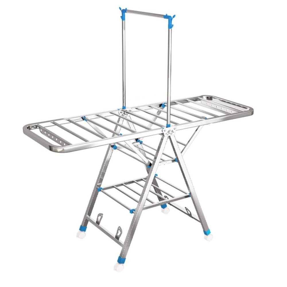Stainless Steel Floor Folding Clothes Rack, Height Adjustable Wings with Hooks, Easy to Assemble (72")