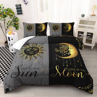 Ntlfup Moon and Sun Bedding Set Full Size Boho Style 3pcs Bedding Set, Grey and Black Comforter Home Decoration