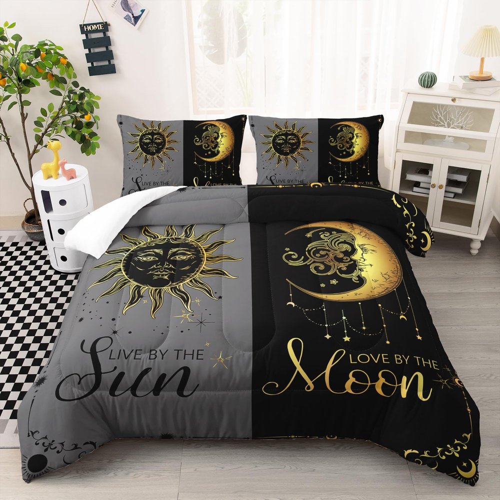 Ntlfup Moon and Sun Bedding Set Full Size Boho Style 3pcs Bedding Set, Grey and Black Comforter Home Decoration