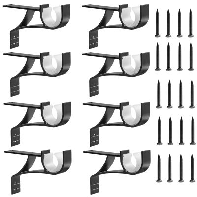 Anndason No Drilling Curtain Rod Brackets No Drill Curtain Rod Holders Curtain Rod Brackets Without Drilling Curtain Rod Hooks for 1 Inch Rod, Black Color, (Set of 8)