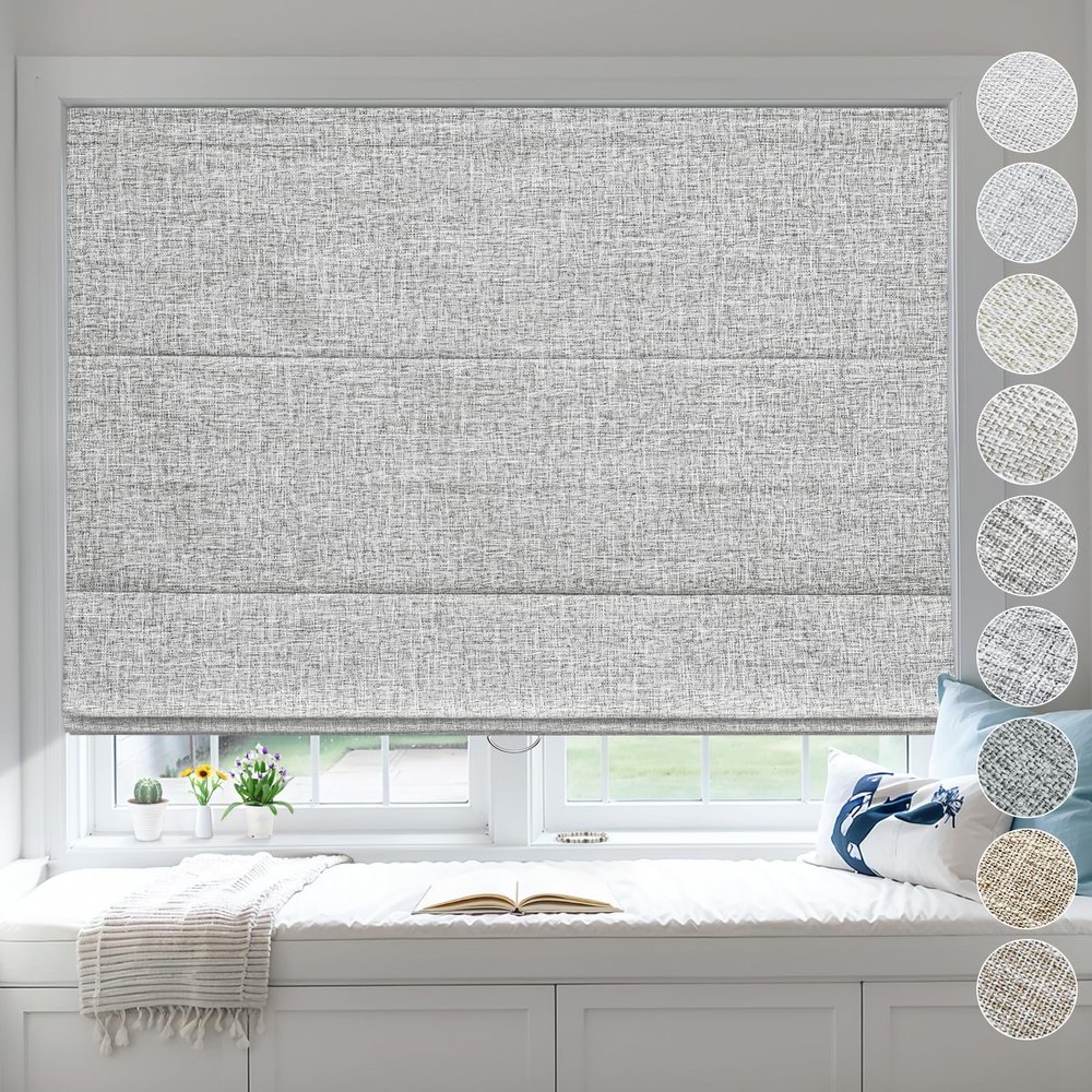 Moonice Cordless Roman Shades for Windows Blackout Waterproof Fabric Roman Blinds for Indoor Windows, Privacy Thermal Insulated Linen Roman Shades for Bedroom Home Office, Sliver Gray