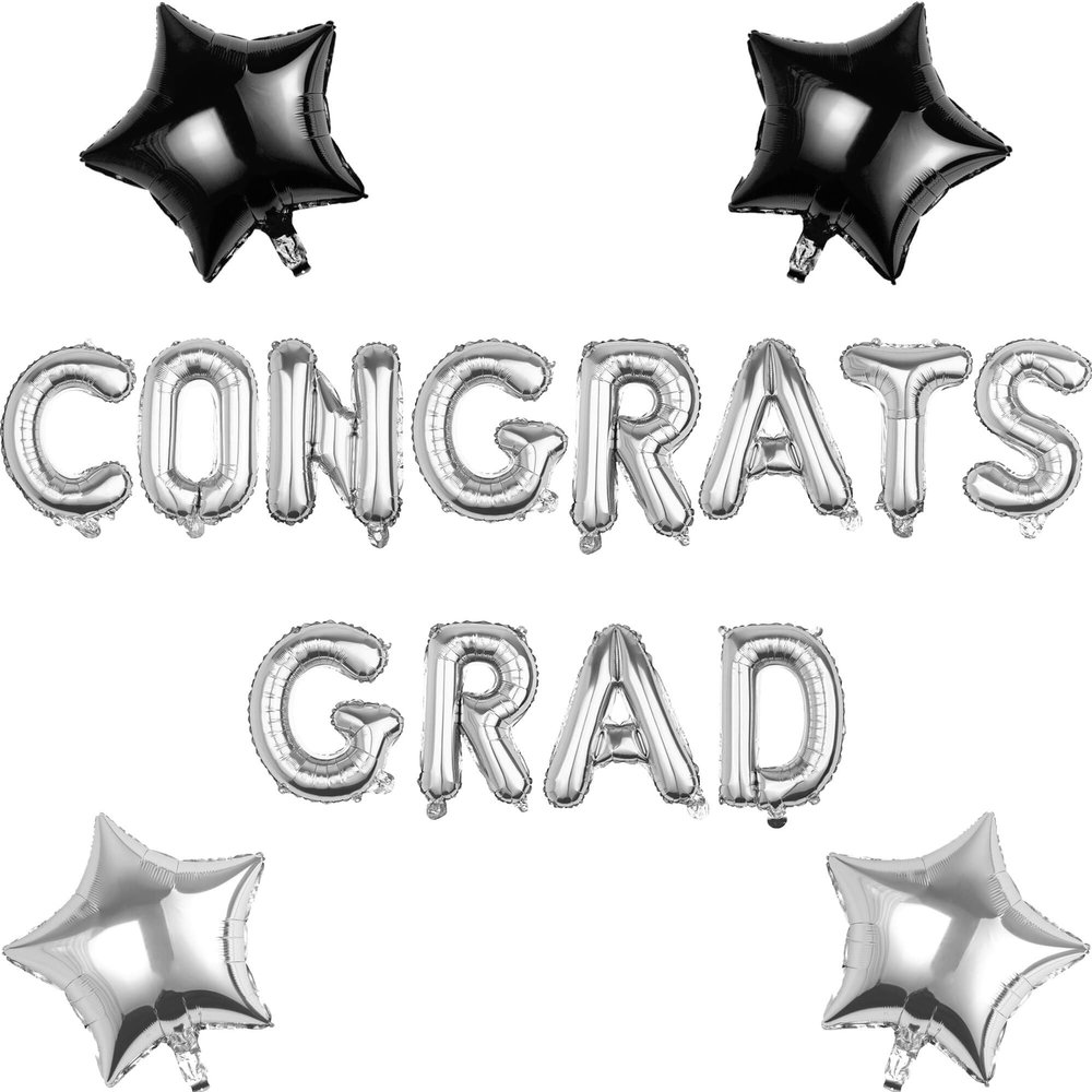 Pargleev CONGRATS GRAD Silver Black Balloon Gift Set - Perfect Graduation Gift - Complete 19-Piece Party Kit with 16 Letters + 18" Stars - Ready-to-Give Celebration Package 2026