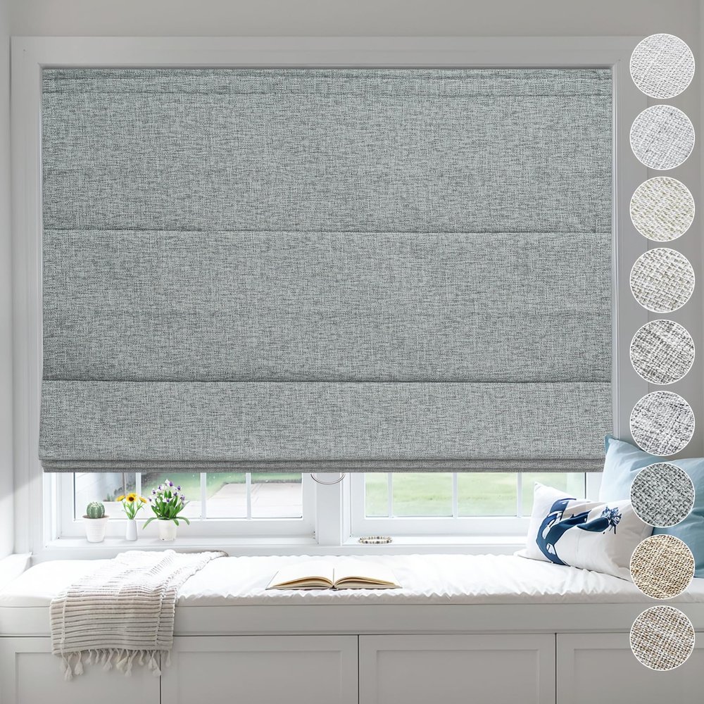Moonice Cordless Roman Shades for Windows Blackout Waterproof Fabric Roman Blinds for Indoor Windows, Privacy Thermal Insulated Linen Roman Shades for Bedroom Home Office, Dark Gray