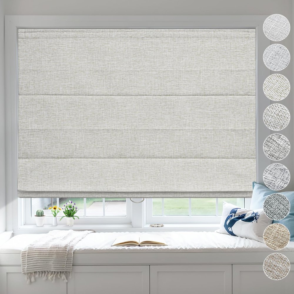Moonice Cordless Roman Shades for Windows Blackout Waterproof Fabric Roman Blinds for Indoor Windows, Privacy Thermal Insulated Linen Roman Shades for Bedroom Home Office, Light Khaki