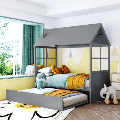 Twin Size Wood House Bed with Twin Size Trundle, Wooden Daybed, Gray