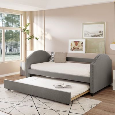 Full Size Upholstered Daybed with Twin Size Trundle, Wood Slat Support, Gray