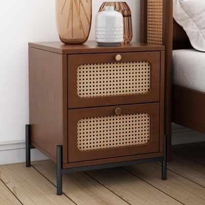 Modern Cannage Rattan Wood Closet 2 Drawer Side Table End Table Nightstand for Bedroom, Living Room, Entryway, Hallway, Walnut