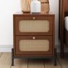 Modern Cannage Rattan Wood Closet 2 Drawer Side Table End Table Nightstand for Bedroom, Living Room, Entryway, Hallway, Walnut view 4