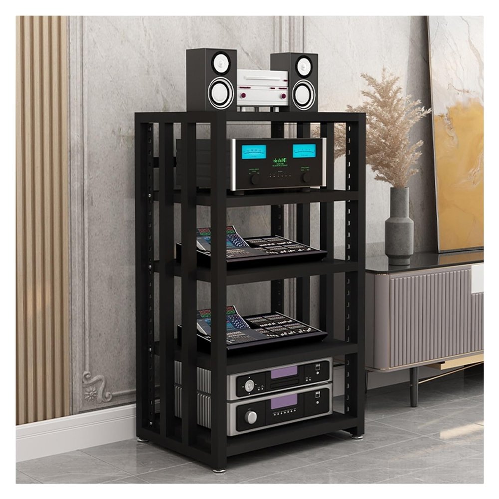 3/4/5-tier Shelves Audio Video Media Stand Cabinet, Modern Stereo Record Player Equipment Rack for Restaurant/Classroom/Bedroom/Conference Room, Height-Adjustable Shelf, Vertical Floor(5 Tier Black Bo