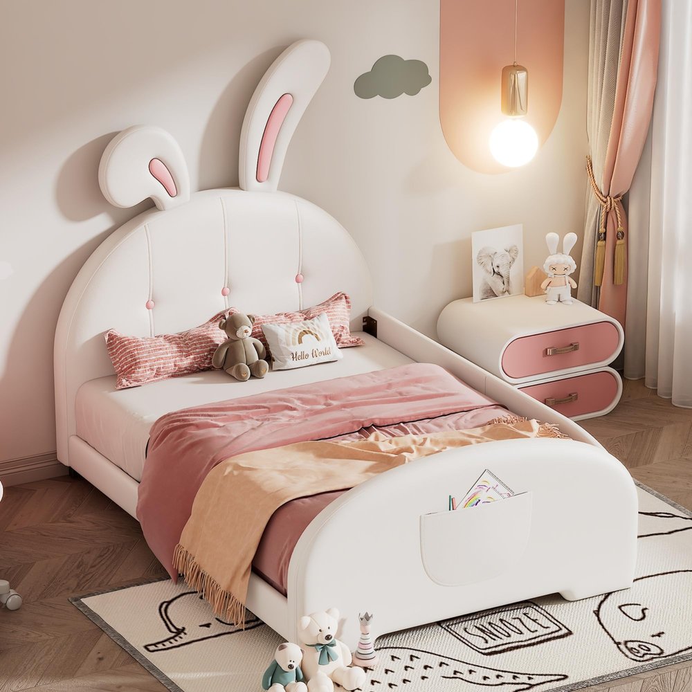 HomeLoft Basics Twin Size Upholstered Rabbit Shape Princess Bed,Twin Size Platform Bed with Headboard and Footboard,White, as pic