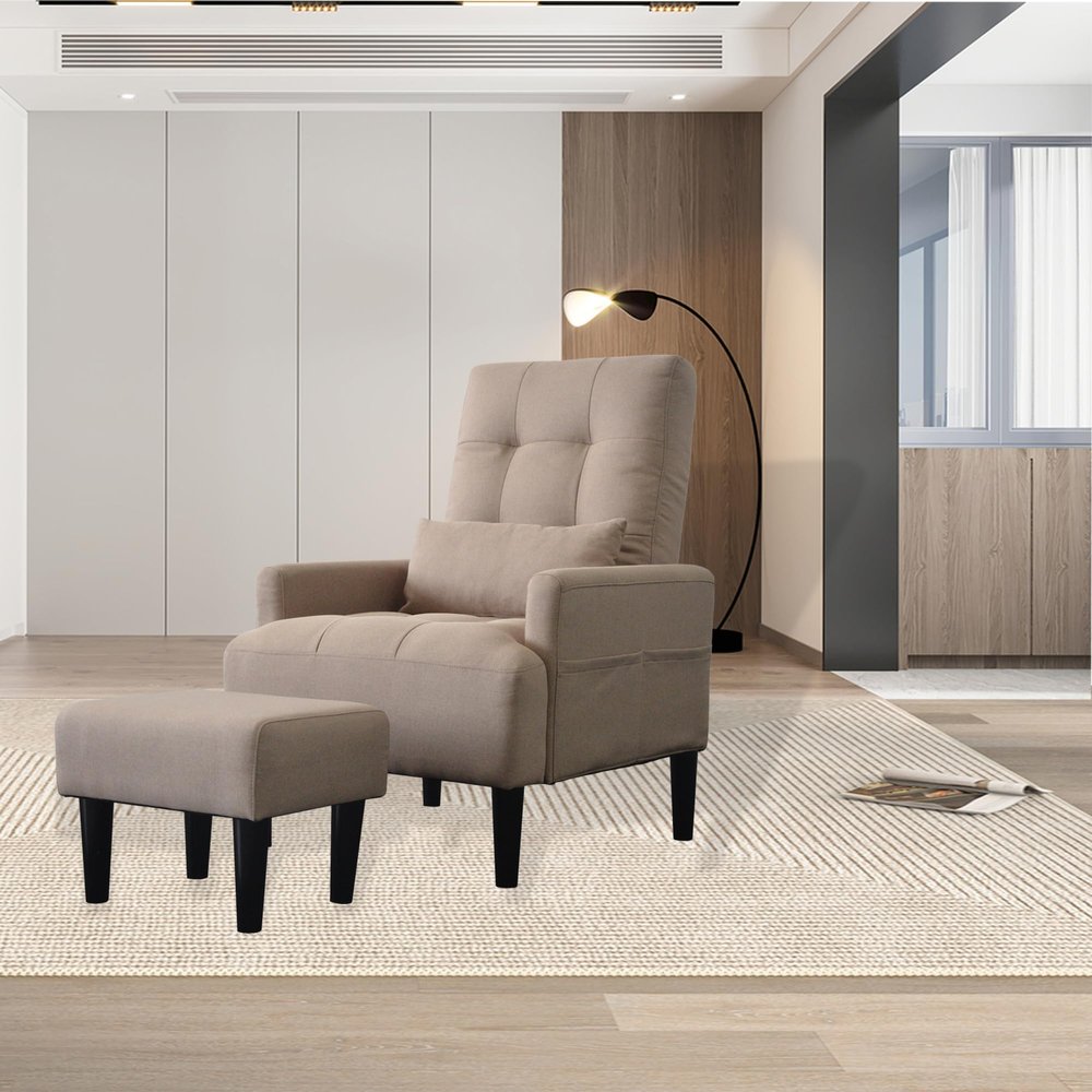 Brown Living Room Sofa Single Chair and Ottoman, Modern Multi Function Fabric Living Room Sofa Lounge Chair Bed and Stool. Soft Leisure Single Chair Adjustable into 5 Angles with Sofa Bed