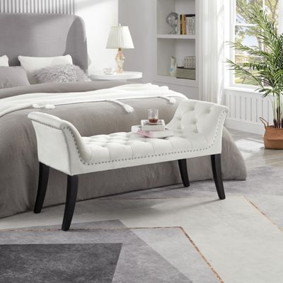 Armrest Button Tufted Ottoman Bench, Upholstered Footrest Stool Rectangular Beige Velvet Fabric Accent Bench for Entryway Dining Room Living Room Bedroom Beige