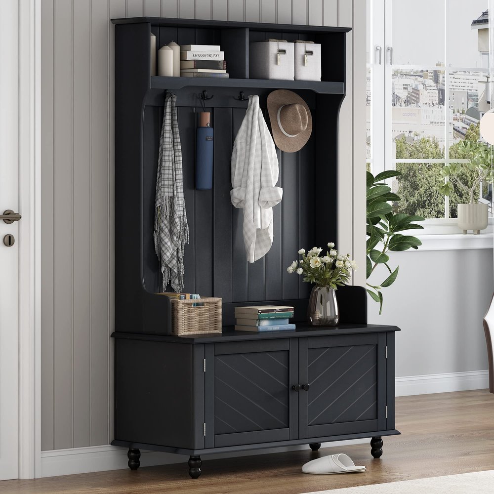 Hall Tree with 4 Hooks, Coat Hanger, Entryway Bench, Storage Bench, 3 in 1 Design, 40INCH, for Entrance, Hallway (Black)