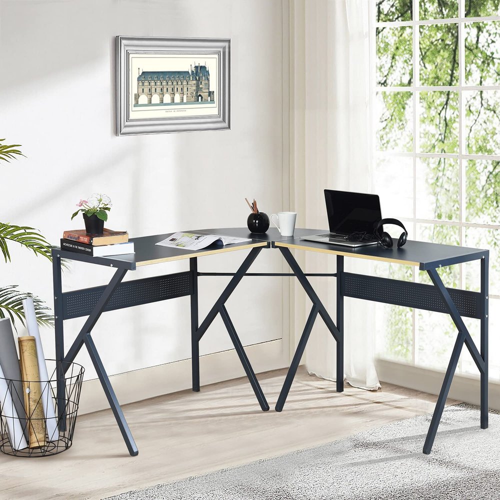 L Shaped Desk Corner Computer Desk, Space Saving Multifunctional Home Office Desk Writing Workstation Study Desk with Round Corner (Dark Grey)